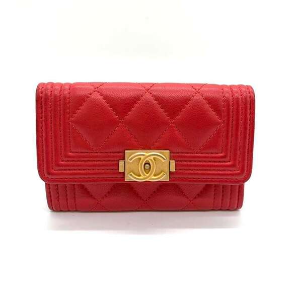 CHANEL Red Lambskin Leather Logo Card Holder - Picture 1 of 6